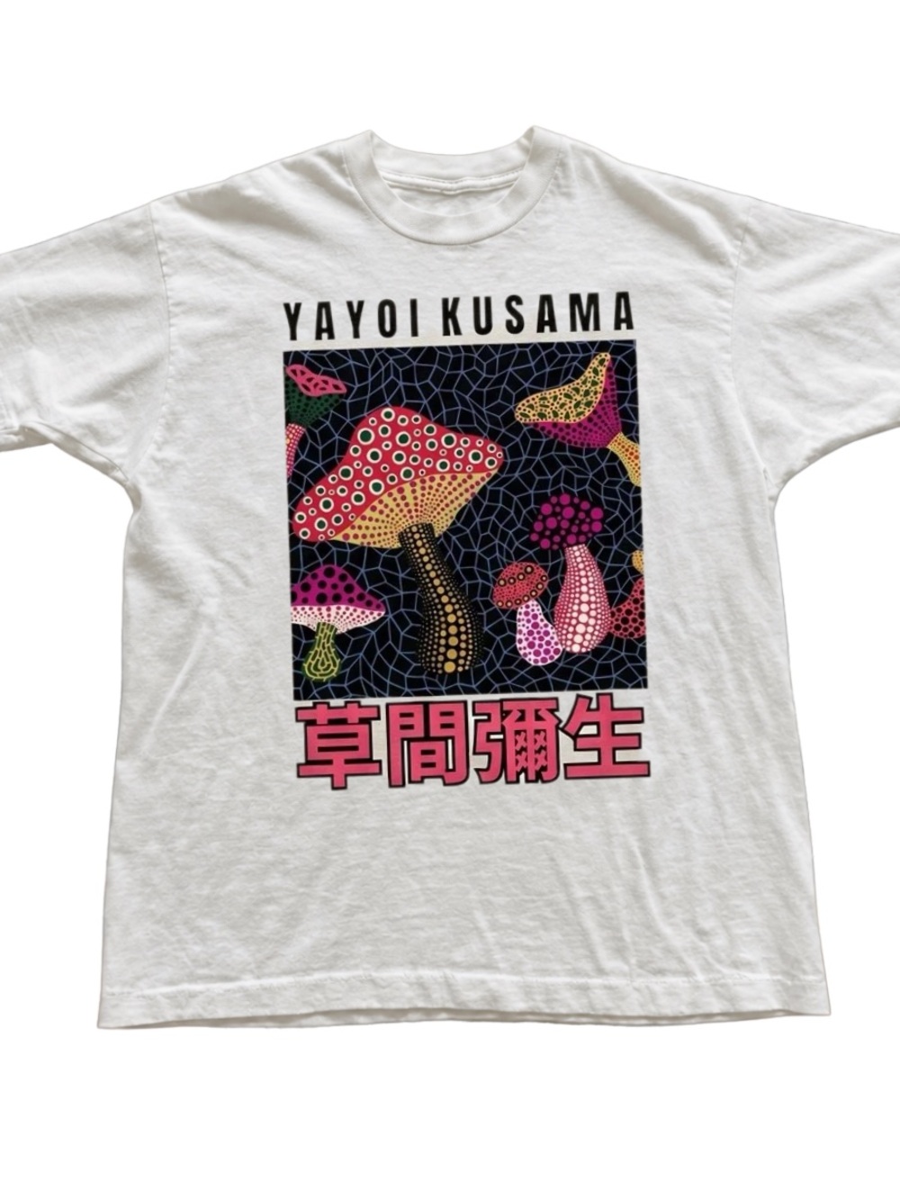 White Tee with Pink & Black Mushroom Graphic